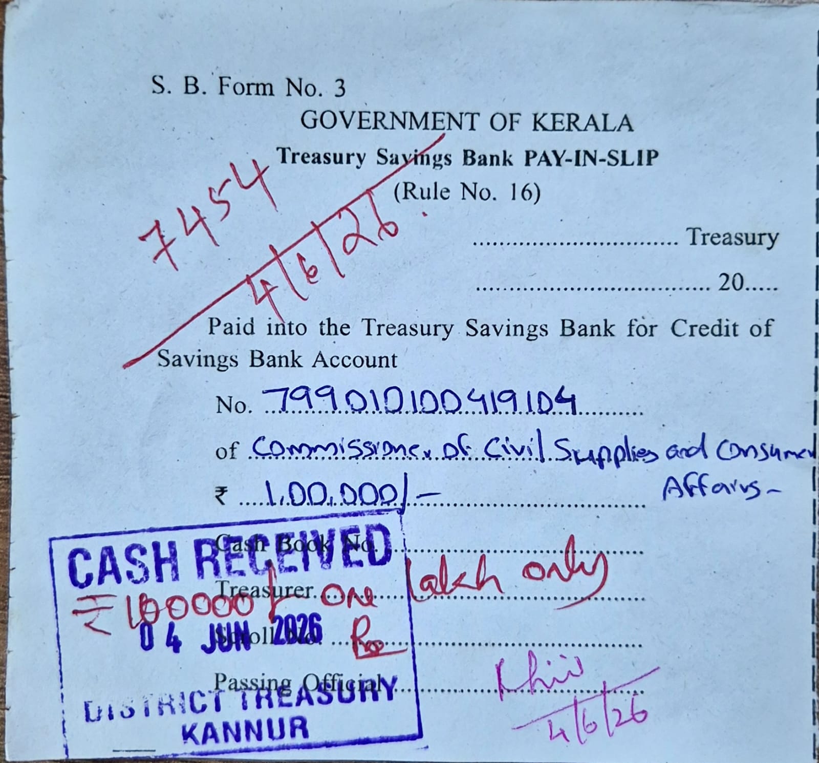 REASURY CHALAN RS.100000